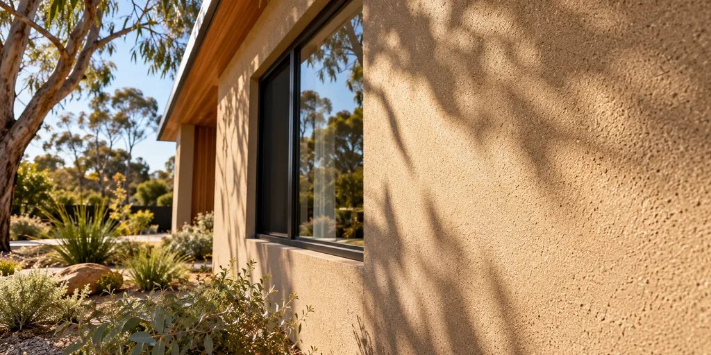 Detail of a contemporary textured exterior wall and eaves in direct Australian sunshine.