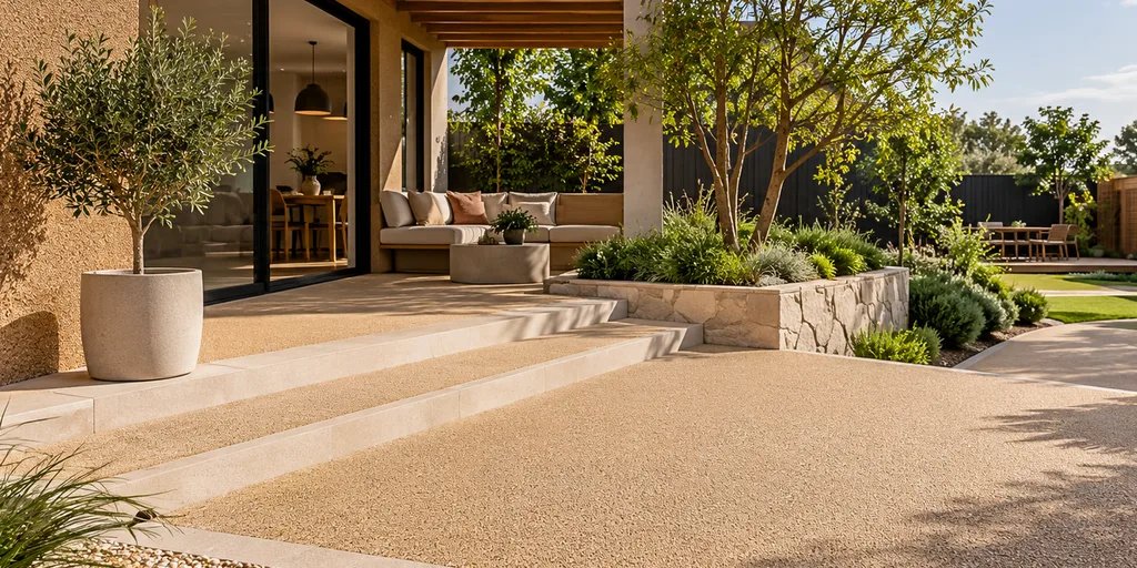 Textured outdoor walkway leading from a home to garden seating