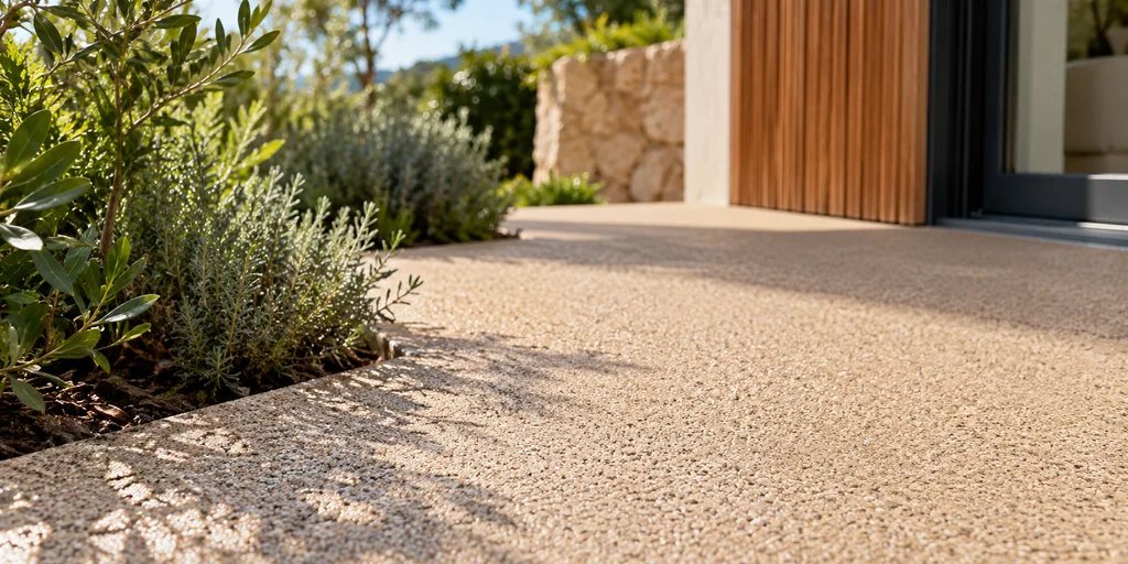 Close-up of a light textured outdoor finish beside landscaped planting
