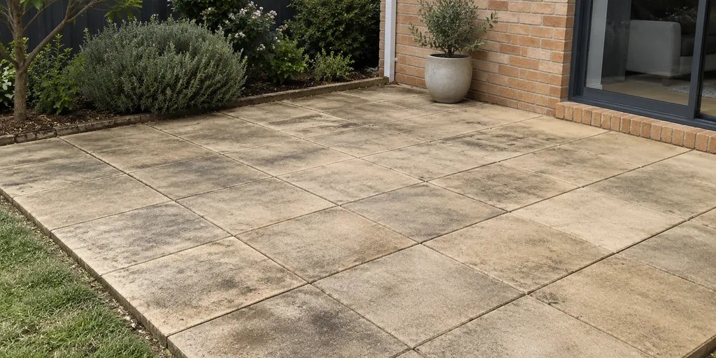 Existing concrete paving with staining and weathering beside a garden