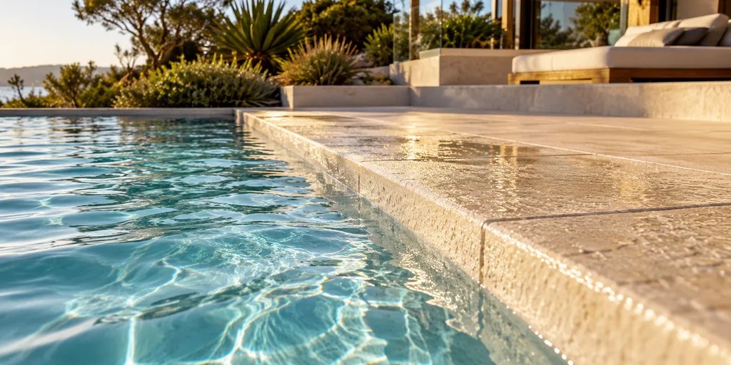 Wet textured non-glossy pool coping and paving at the water's edge