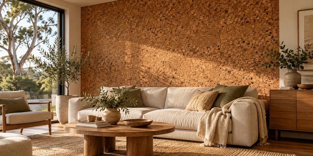 Warm living room with cork-toned textured feature wall, oak and linen furniture.