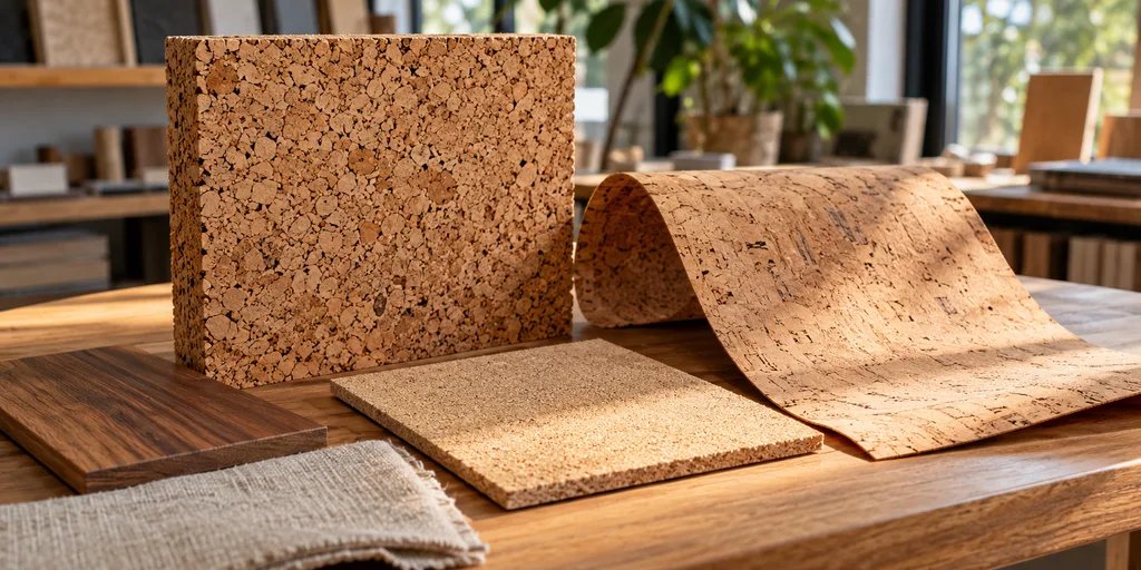 Conceptual cork-related panels and wallcovering samples beside timber and linen swatches.