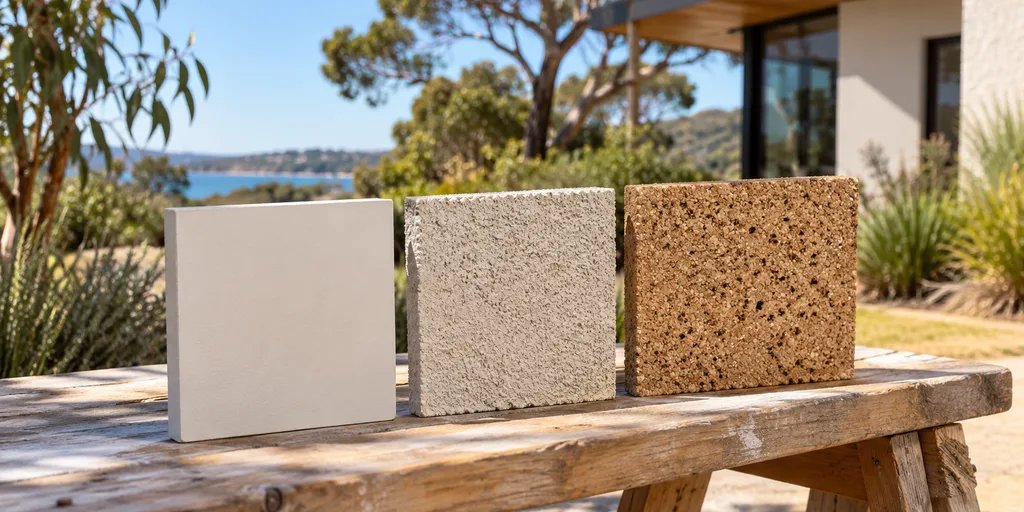 Samples of exterior paint, mineral render and tan cork-like decorative finish on a workbench.