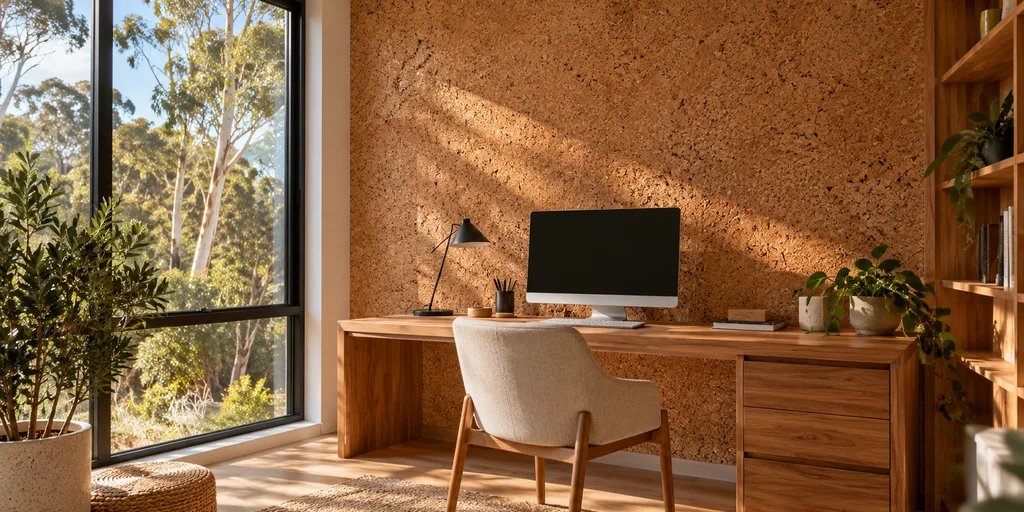 Home office with understated cork-textured wall behind a simple desk and bookshelves.