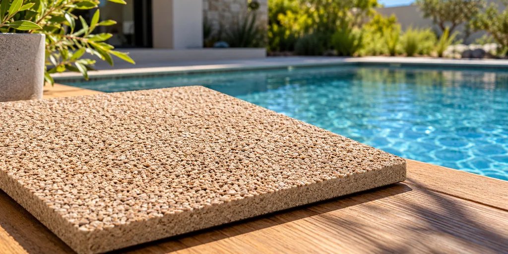 Conceptual close-up of fine tan cork-like exterior coating texture near pool water