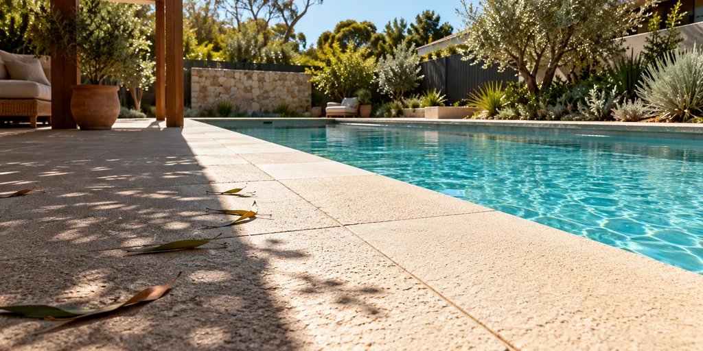 Sunlight and shade falling across pale pool paving in an Australian backyard