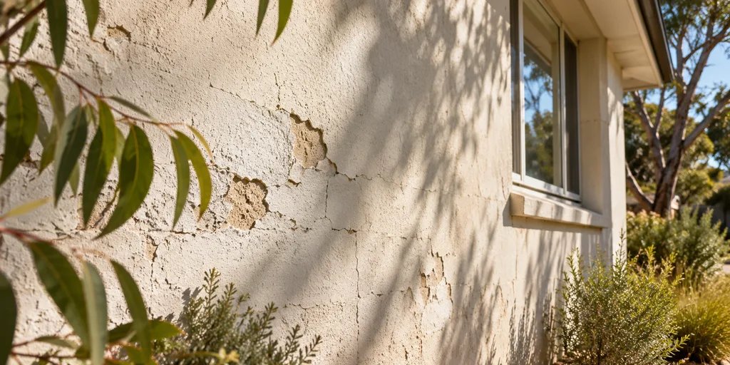 Weathered exterior painted wall with small peeling areas and hairline cracking