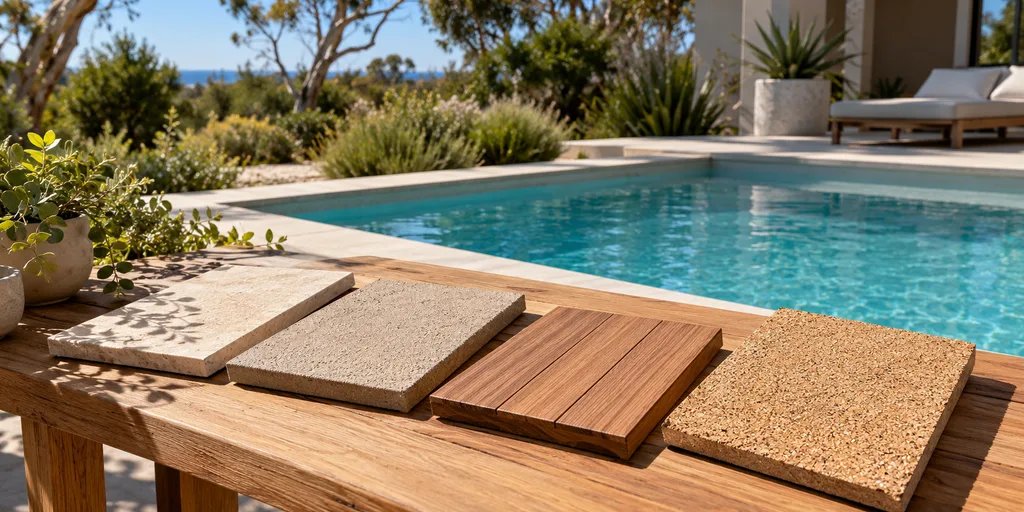 Four different outdoor surface material samples beside a backyard pool